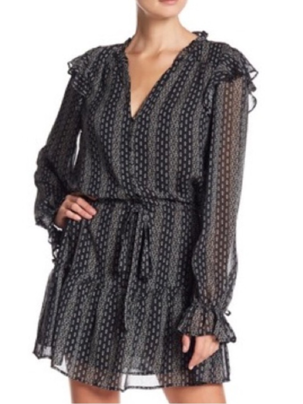 PAIGE Pomelo Silk Black Printed Ruffle V-Neck Mini Dress S NWOT